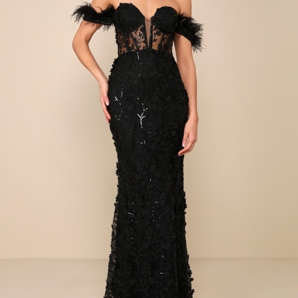 Lulus Midnight Sparkle Black Embroidered Feather Bustier Maxi Dress - Size XS - Picture 1 of 1